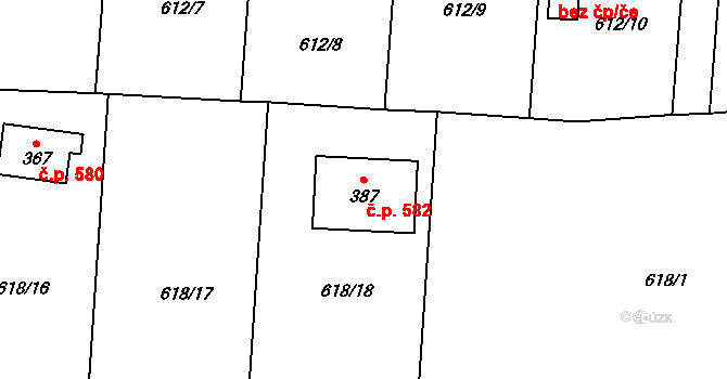 Lubina 582, Kopřivnice na parcele st. 387 v KÚ Větřkovice u Lubiny, Katastrální mapa
