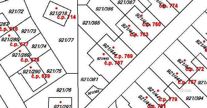 Hostavice 767, Praha na parcele st. 921/445 v KÚ Hostavice, Katastrální mapa