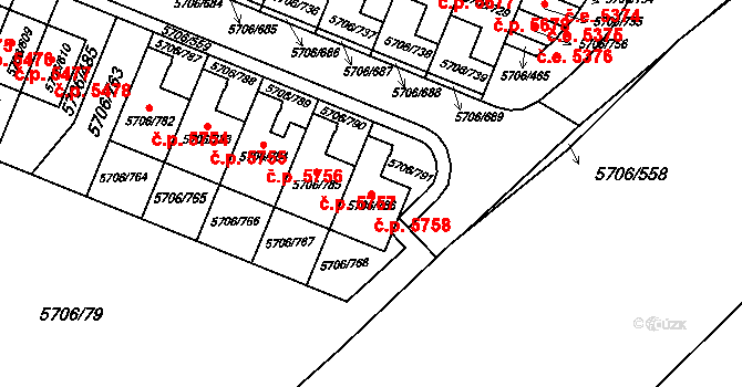 Jihlava 5758 na parcele st. 5706/786 v KÚ Jihlava, Katastrální mapa
