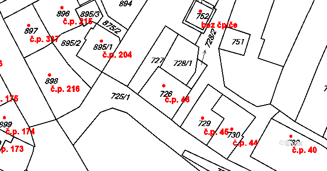 Kamenice nad Lipou 46 na parcele st. 726 v KÚ Kamenice nad Lipou, Katastrální mapa