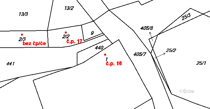 Třebobuz 16, Líšťany na parcele st. 1 v KÚ Třebobuz, Katastrální mapa