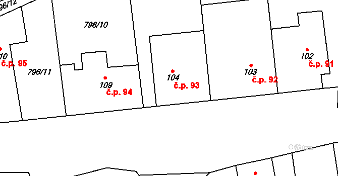 Hranice VII-Slavíč 93, Hranice na parcele st. 104 v KÚ Slavíč, Katastrální mapa