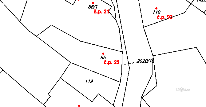 Horušice 22 na parcele st. 55 v KÚ Horušice, Katastrální mapa