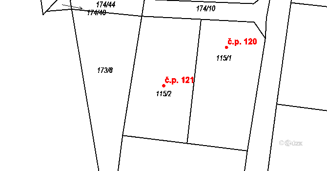 Písty 121 na parcele st. 115/2 v KÚ Písty u Nymburka, Katastrální mapa