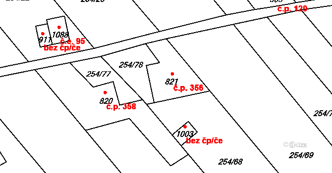 Brandýsek 356 na parcele st. 821 v KÚ Brandýsek, Katastrální mapa