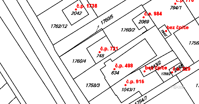 Tišnov 721 na parcele st. 748 v KÚ Tišnov, Katastrální mapa