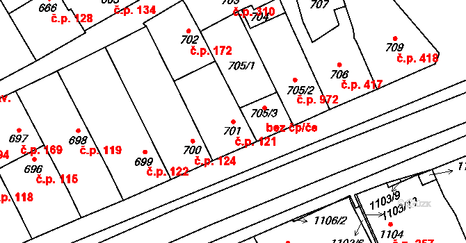 Lužice 121 na parcele st. 701 v KÚ Lužice u Hodonína, Katastrální mapa