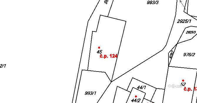 Volárna 124, Roudno na parcele st. 45 v KÚ Roudno, Katastrální mapa