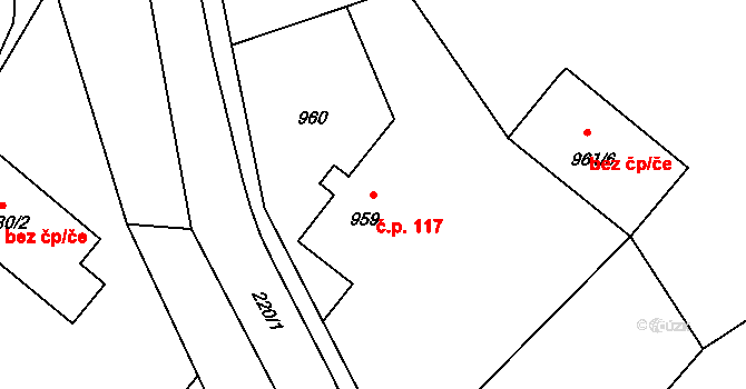 Donín 117, Hrádek nad Nisou na parcele st. 959 v KÚ Donín u Hrádku nad Nisou, Katastrální mapa