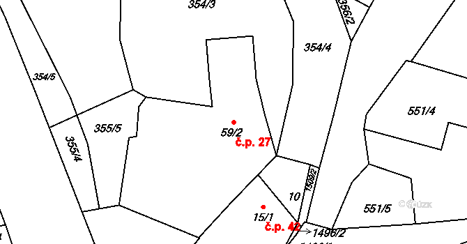 Těchlovice 27, Stříbro na parcele st. 59/2 v KÚ Těchlovice u Stříbra, Katastrální mapa