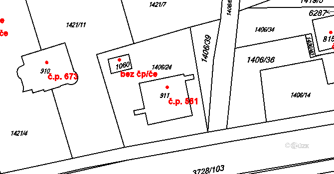 Rožnov pod Radhoštěm 561 na parcele st. 911 v KÚ Rožnov pod Radhoštěm, Katastrální mapa
