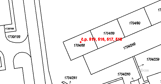 Miřetice u Klášterce nad Ohří 516,517,518,519, Klášterec nad Ohří na parcele st. 1704/88 v KÚ Miřetice u Klášterce nad Ohří, Katastrální mapa