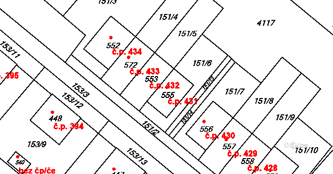 Stařeč 431 na parcele st. 555 v KÚ Stařeč, Katastrální mapa