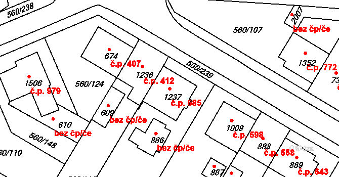 Podklášteří 685, Třebíč na parcele st. 1237 v KÚ Podklášteří, Katastrální mapa