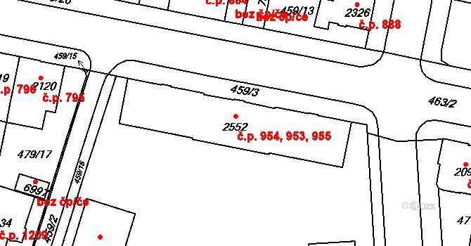 Horka-Domky 953,954,955, Třebíč na parcele st. 2552 v KÚ Třebíč, Katastrální mapa