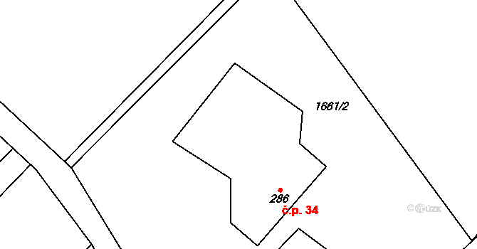 Komárov 34, Vítězná na parcele st. 286 v KÚ Komárov u Dvora Králové, Katastrální mapa