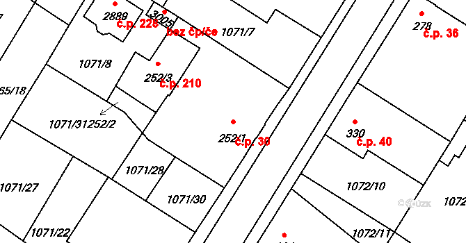 Hamrníky 30, Mariánské Lázně na parcele st. 252/1 v KÚ Úšovice, Katastrální mapa