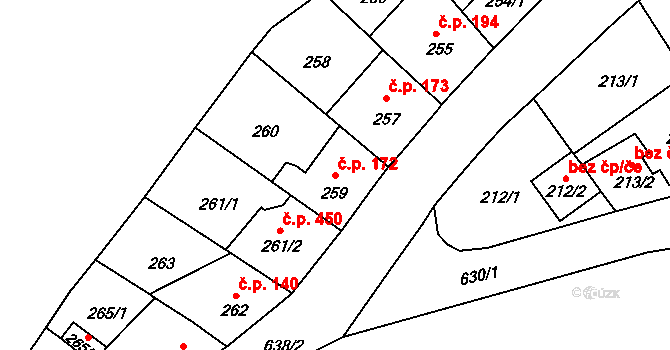Veleslavín 172, Praha na parcele st. 259 v KÚ Veleslavín, Katastrální mapa