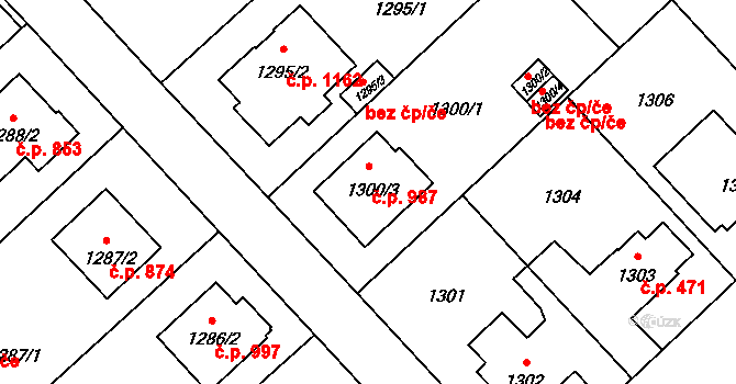 Suchdol 987, Praha na parcele st. 1300/3 v KÚ Suchdol, Katastrální mapa