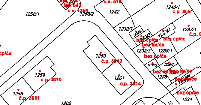 Chomutov 3613 na parcele st. 1260 v KÚ Chomutov I, Katastrální mapa