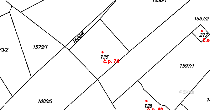 Dobronín 74 na parcele st. 135 v KÚ Dobronín, Katastrální mapa