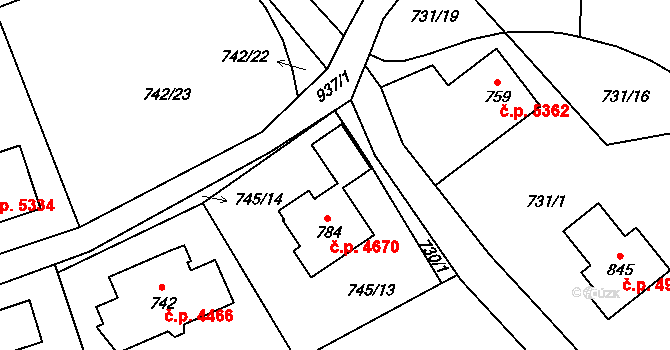 Kokonín 4670, Jablonec nad Nisou na parcele st. 784 v KÚ Kokonín, Katastrální mapa