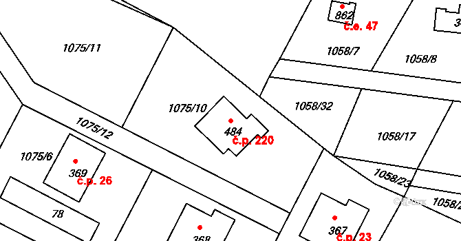 Loutí 220, Rabyně na parcele st. 484 v KÚ Rabyně, Katastrální mapa