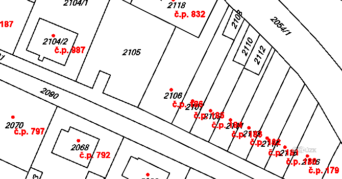 Jemnice 186 na parcele st. 2106 v KÚ Jemnice, Katastrální mapa