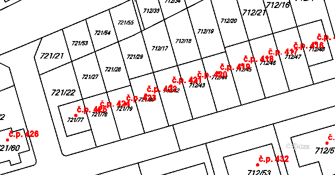 Syrovice 421 na parcele st. 712/42 v KÚ Syrovice, Katastrální mapa