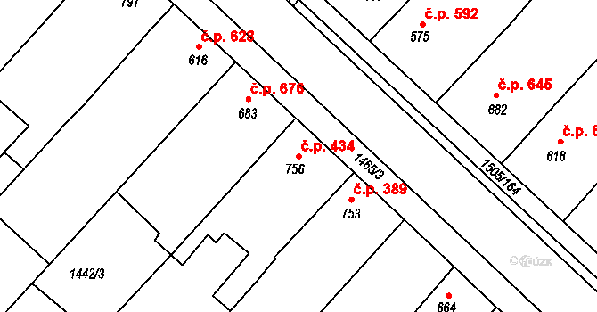 Ostrožské Předměstí 434, Uherský Ostroh na parcele st. 756 v KÚ Ostrožské Předměstí, Katastrální mapa