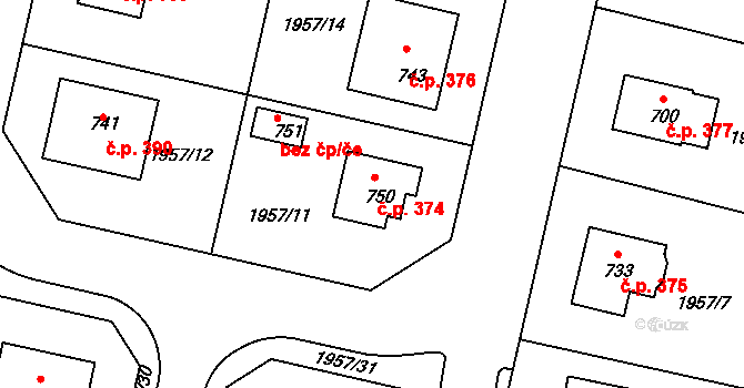 Kladruby 374 na parcele st. 750 v KÚ Kladruby u Stříbra, Katastrální mapa