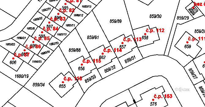 Dušníky 114, Obříství na parcele st. 662 v KÚ Obříství, Katastrální mapa