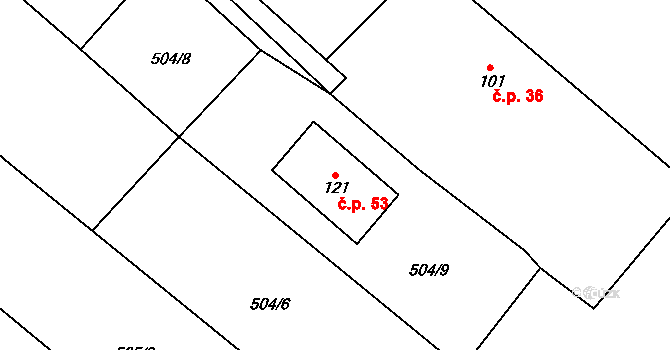 Bousov 53 na parcele st. 121 v KÚ Bousov, Katastrální mapa