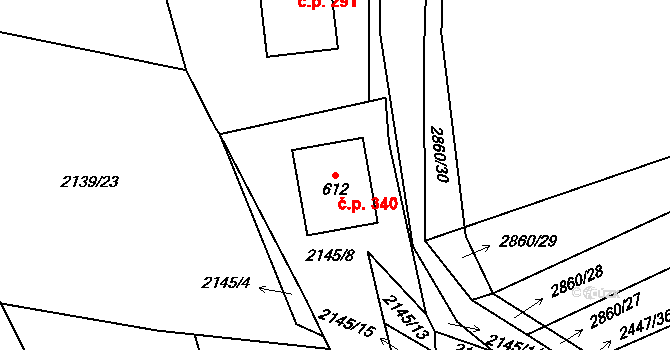 Ledce 340 na parcele st. 612 v KÚ Ledce u Plzně, Katastrální mapa