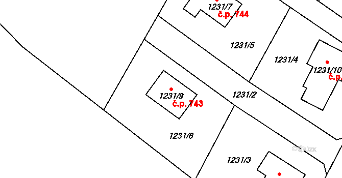 Krmelín 743 na parcele st. 1231/9 v KÚ Krmelín, Katastrální mapa