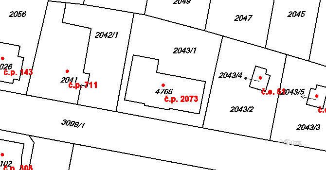 Čelákovice 2073 na parcele st. 4766 v KÚ Čelákovice, Katastrální mapa
