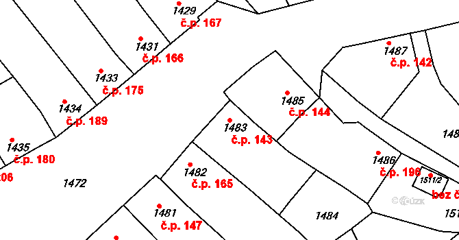 Hrušky 143 na parcele st. 1483 v KÚ Hrušky, Katastrální mapa
