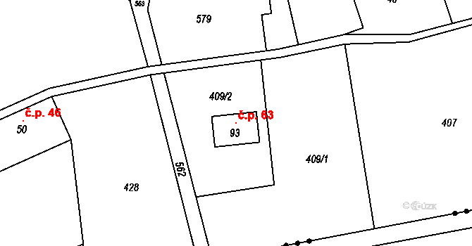 Debrné 63, Mostek na parcele st. 93 v KÚ Debrné u Mostku, Katastrální mapa