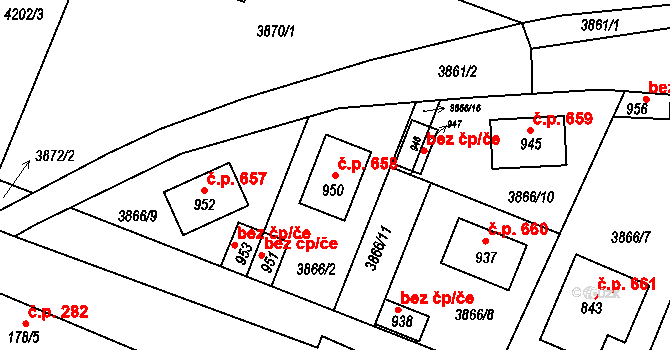 Lenešice 658 na parcele st. 950 v KÚ Lenešice, Katastrální mapa