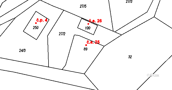 Malešín 25, Řehenice na parcele st. 89 v KÚ Malešín, Katastrální mapa