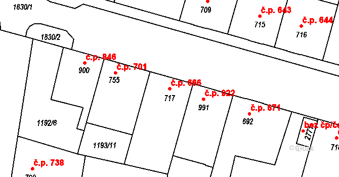 Nymburk 666 na parcele st. 717 v KÚ Nymburk, Katastrální mapa