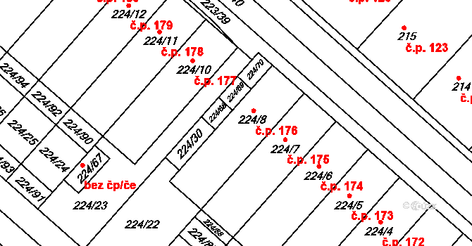 Skoronice 176 na parcele st. 224/8 v KÚ Skoronice, Katastrální mapa