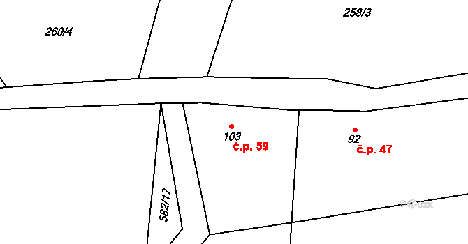 Lestkov 59, Radostná pod Kozákovem na parcele st. 103 v KÚ Lestkov pod Kozákovem, Katastrální mapa