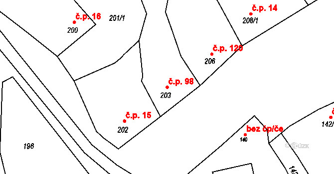 Krčmaň 98 na parcele st. 203 v KÚ Krčmaň, Katastrální mapa