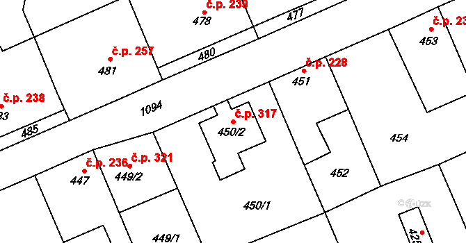 Samotišky 317 na parcele st. 450/2 v KÚ Samotíšky, Katastrální mapa
