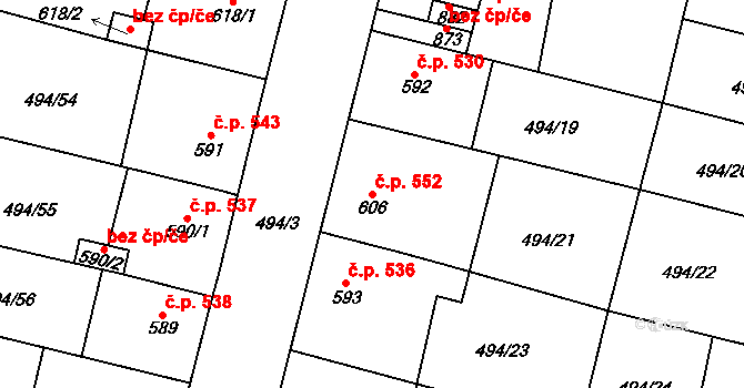 Libochovice 552 na parcele st. 606 v KÚ Libochovice, Katastrální mapa