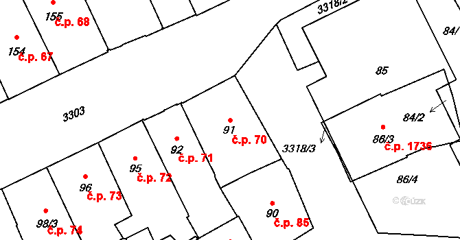 Pelhřimov 70 na parcele st. 91 v KÚ Pelhřimov, Katastrální mapa