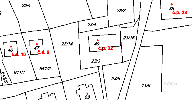 Milhostov 32, Zádub-Závišín na parcele st. 49 v KÚ Milhostov u Mariánských Lázní, Katastrální mapa