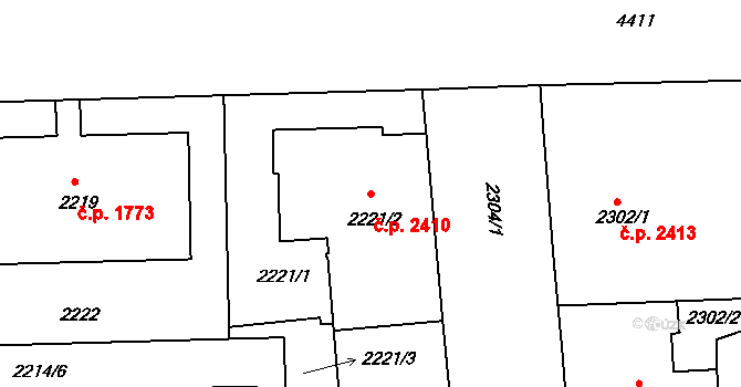 Žižkov 2410, Praha na parcele st. 2221/2 v KÚ Žižkov, Katastrální mapa