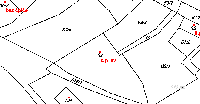Kohoutov 62 na parcele st. 33 v KÚ Kohoutov, Katastrální mapa